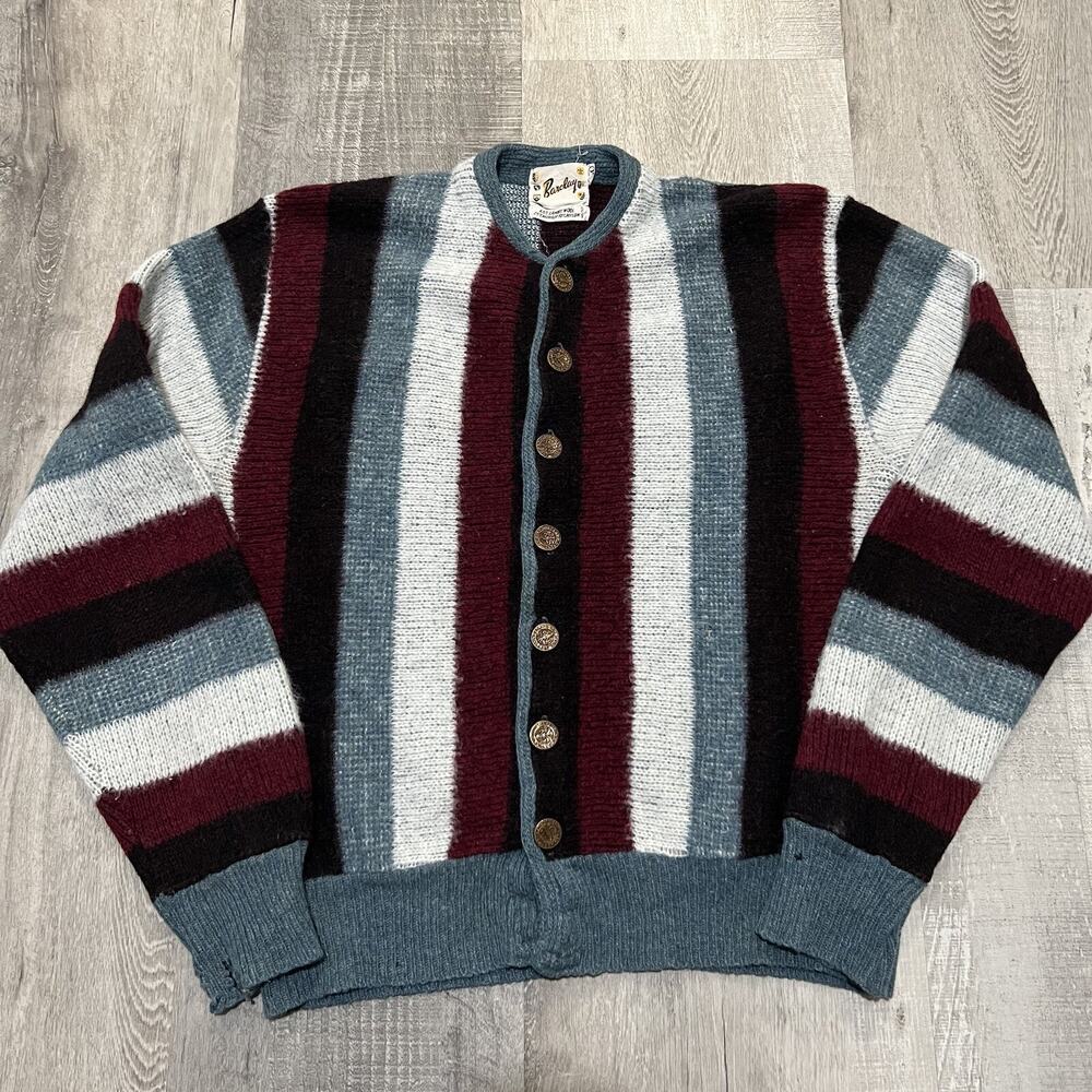 VTG Barclay 1960s Mohair/Lambs Wool Fuzzy Burgundy Striped Knit Cardigan Sweater